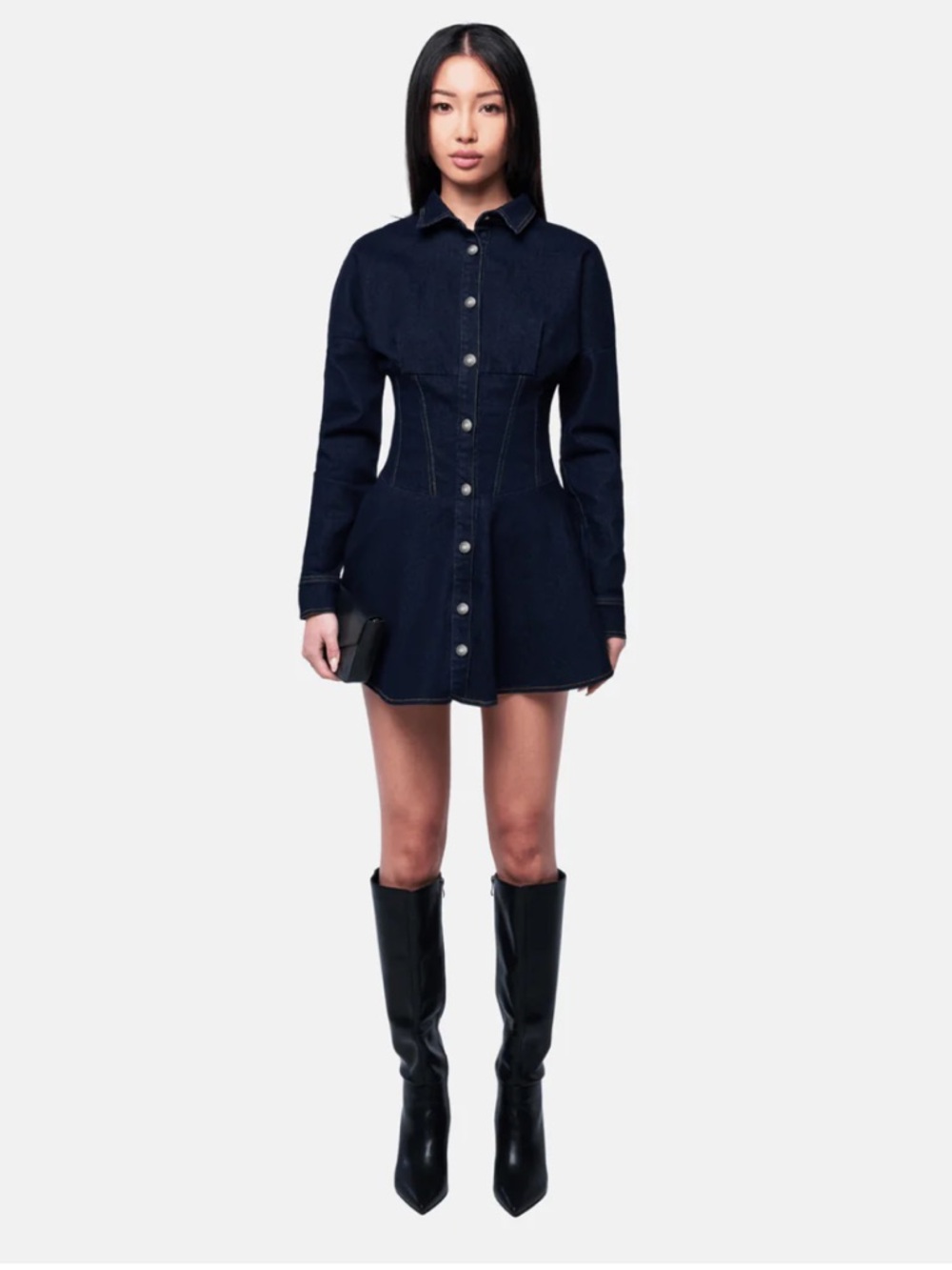 OW Collection Ella Denim Shirt Dress in Dark Wash in Size Small - Picture 7 of 13